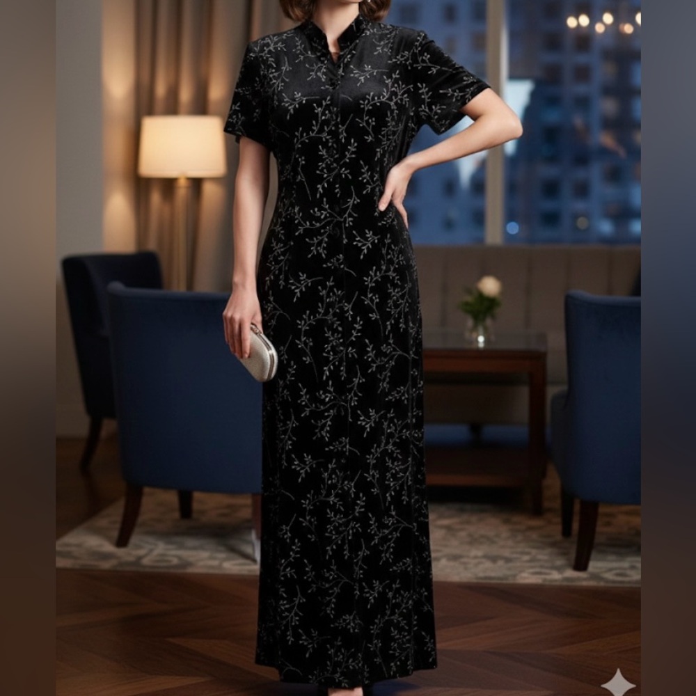 Another Thyme Black Floral Print Midi Glitter Mandarin Collar Formal Dress 14